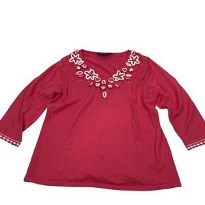 Susan Graver Style‎ Pink V Neck Beaded Floral 3/4 Sleeve Knit Top Womens M